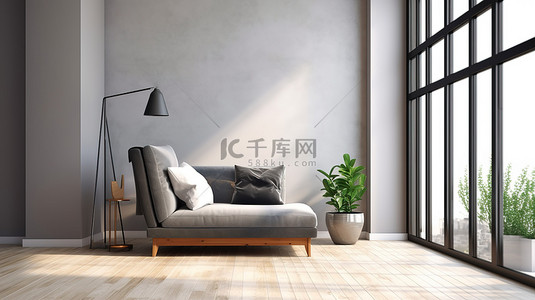 大单背景图片_简约的室内设计单沙发和大窗户的 3D 渲染