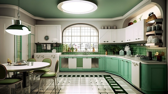 装饰艺术风格厨房内部的 3D 渲染