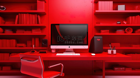 红色办公桌背景与 3D 计算机 PC 插图