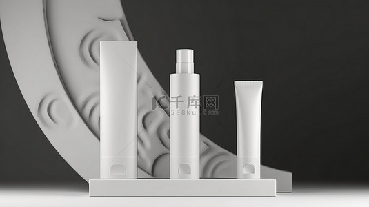 专业护肤背景图片_几何讲台的 3D 插图，具有化妆品塑料管，用于迷人的品牌和包装展示