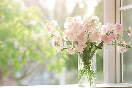 白色或粉色的花朵漂浮在窗户附近的透明玻璃中