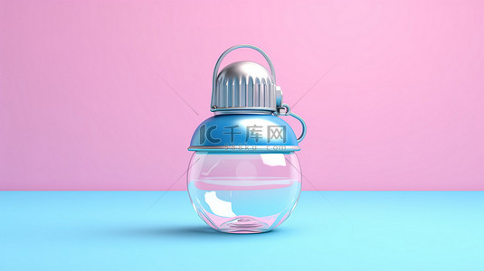 粉红色背景的 3D 渲染双色调图像，带有空蓝色婴儿奶瓶和奶嘴