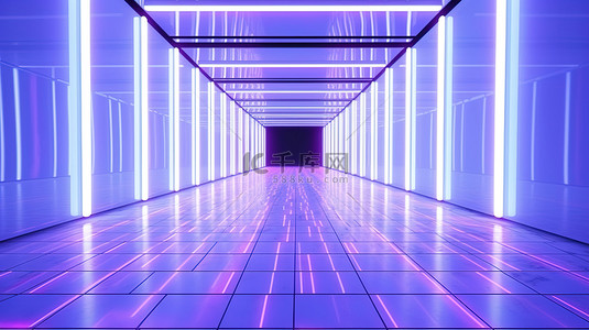 蓝色白色和紫色照明天花板墙壁和地板的充满活力的霓虹灯的 3D 渲染