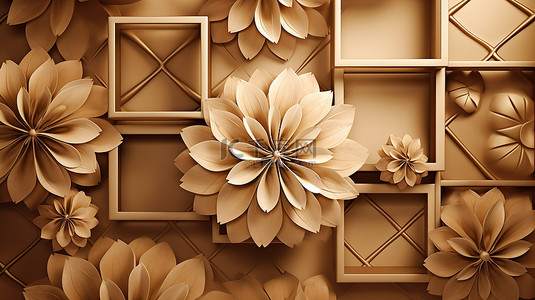 金色花朵 3D 壁纸壁画设计，米色丝绸背景，棕色方块