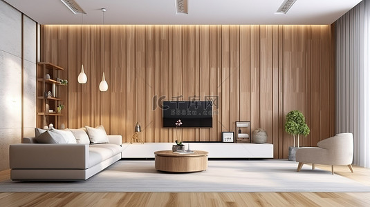 白色木纹背景图片_现代 3D 渲染的客厅装饰有垂直木纹墙