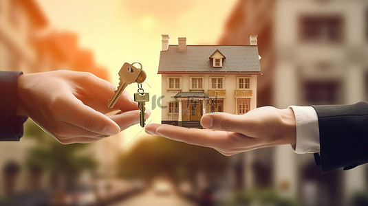 代理背景图片_房地产投资房地产经纪人将钥匙移交给客户 3D 插图