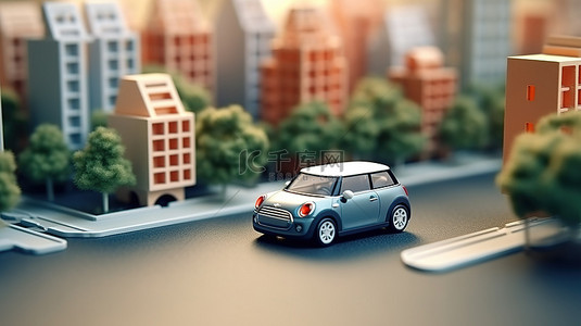 洗车汽车背景背景图片_道路上行驶的紧凑型城市汽车的 3D 插图