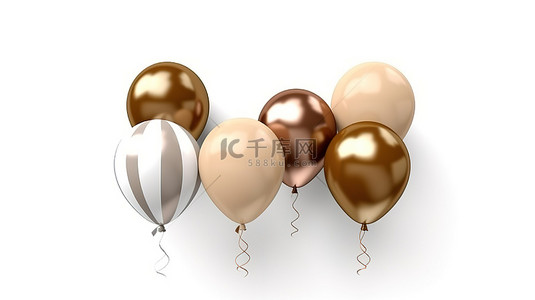 奶油米色和棕色白色背景 3D 渲染中性色调气球的集合