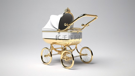 妈妈和孩子孩子背景图片_白色背景上金色婴儿车婴儿车和婴儿车的时尚 3D 渲染
