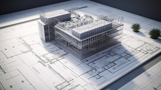 可持续建筑设计概念 3D 渲染，包含蓝图能效图表和支持文件