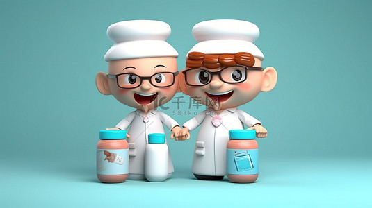 可爱的卡通风格医生和护士在 3D 渲染中展示个人护理和化妆品罐