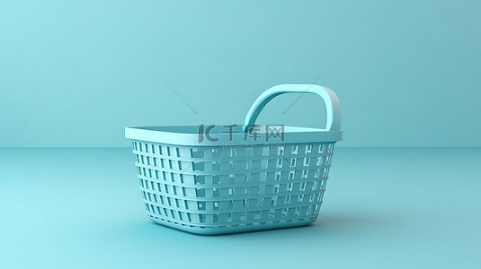 空购物篮的简约 3D 插图，具有浅蓝色色调和充足的复制空间