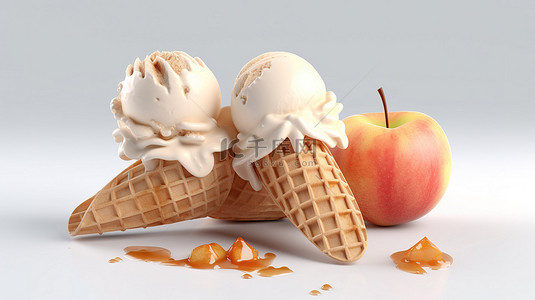 冰淇淋菜單背景图片_美味的苹果冰淇淋勺放在华夫饼锥上，并以 3D 插图捕捉