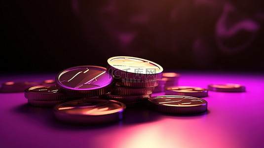 金钱符号图标背景图片_硬币图标符号与动画 3D 硬币在充满活力的紫色背景插图