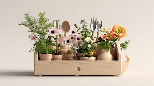 木箱中排列的园林工具和陶瓷盆花的前视图 3D 渲染