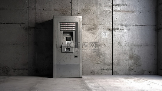 银行混凝土墙内内置 ATM 取款机的 3D 渲染