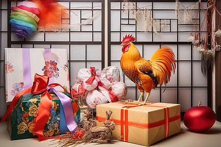竹包装背景图片_一套色彩缤纷的礼物，里面有一只公鸡和一些盒子