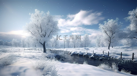 冰雪覆盖的冬季场景的虚拟描绘