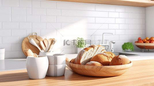 时尚的白色厨房台面，篮子切菜板上有新鲜面包，还有文本 3D 可视化空间