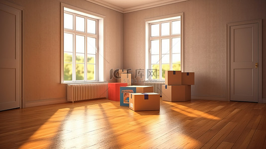 盒子背景图片_宽敞的木地板房间，配有照明窗户和移动盒子，3D 渲染
