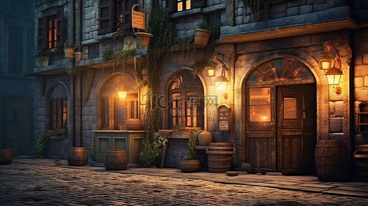 城牆背景图片_迷人的中世纪村​​庄，令人惊叹的 3D 插图，街道在夏日的夜晚被照亮，房屋的窗户被照亮