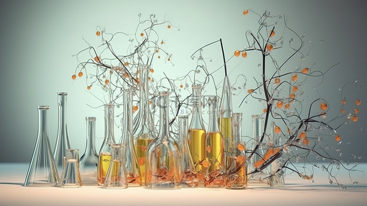 饮料组合背景图片_抽象 3D 组合中带有吸管的树枝和瓶子
