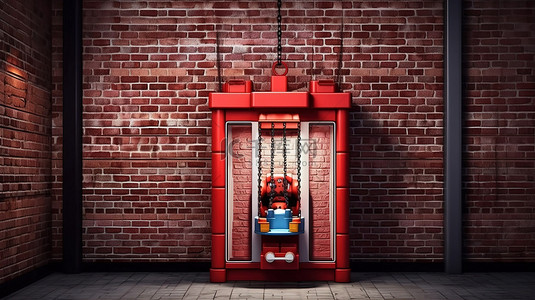 砖墙背景框出一个无人居住的嘉年华风格红色玩具爪起重机拱廊 3D 渲染