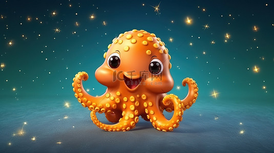 卡通3鱼鱼背景图片_3D 渲染可爱的卡通章鱼，带有金色的星星和隔离的气泡