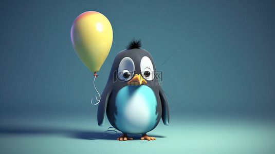 3D 渲染中具有可爱气球状纹理的企鹅角色