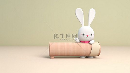 空的浮动讲台和空白的中国手卷轴展示与可爱的 3D 兔子角色