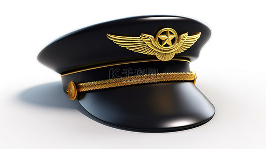 金色航空徽章装饰了通过 3D 渲染创建的白色背景上的民航和航空运输航空公司飞行员帽子或帽子