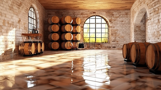 酒窖背景背景图片_砖墙地窖中的酒桶，铺有大理石地板 3D 渲染
