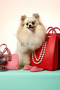 可爱的狗靠近鞋子珠宝和红色购物袋