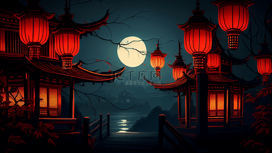 中秋背景图片_亭台楼阁灯笼月亮插画