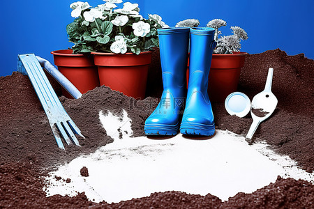 黑色和白色土壤中的蓝色花园艺工具和靴子