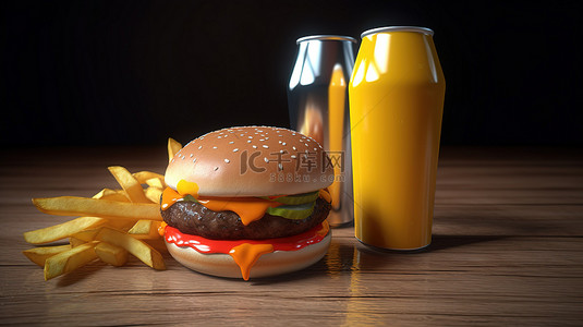 带有金薯条和汽水罐的三重芝士汉堡的炙手可热的 3D 图片