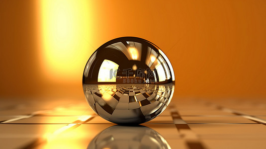 反射背景 3D 渲染上闪闪发光的金色球体