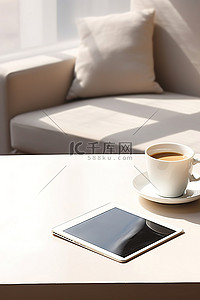 电脑背景图片_ipad 平板电脑和一杯咖啡坐在带沙发的长凳上