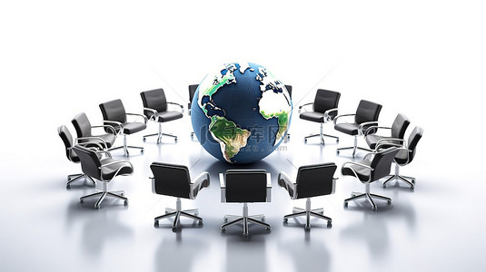 全球商务会议地球仪白色背景，椅子排列成圆形 3D 渲染