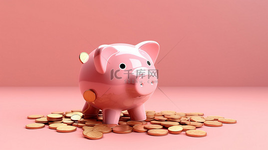 经济金币背景图片_粉红色存钱罐中的金币 3D 呈现钱箱，非常适合广告投资房地产和银行业务