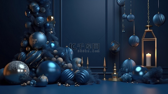节日冬季仙境 3d 呈现深蓝色假日背景