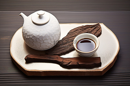一个白色的茶壶和杯子，下面有一个木盘