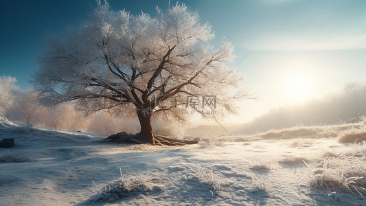 雪地雪松日出风景背景