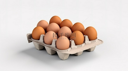 白色背景下纸盒中鸡蛋的 3D 渲染，以了解食品内容