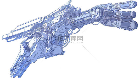 白色背景展示了带有蓝色线框的 3D 渲染机械臂