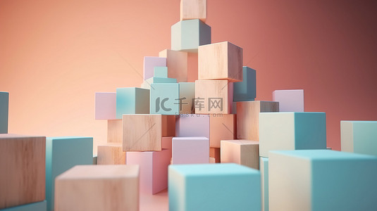 联系我们 3D 渲染中抽象柔和背景上的概念木立方体堆栈