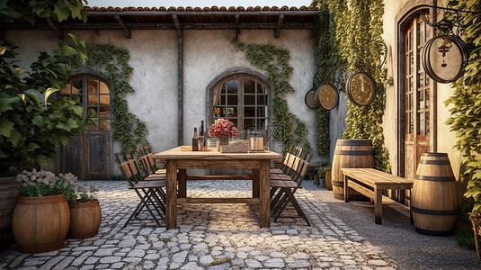 家庭庭院背景图片_质朴庭院的 3D 渲染，配有木制座椅和长凳上的美味佳肴