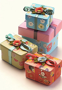 三个彩色礼品盒，配有丝带和鲜花
