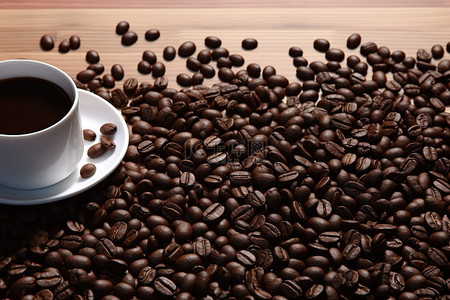 咖啡豆散落在木桌区域