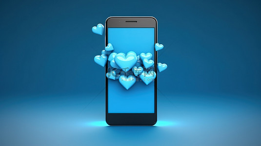 对话框设计背景图片_带有心脏符号的手机蓝色对话框中爱情消息的 3D 渲染
